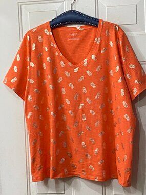 NEW TALBOTS Womens Sz 3X Tee Shirt Short Sleeve Orange Gold Pineapple Cotton